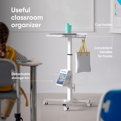 ONKRON Mobile Laptop Cart on Wheels, Load up to 17.6 lbs, Standing Rolling Desk Adjustable Height, Portable Workstation for Laptop/Small Computer Cart for Couch, Home, Office White