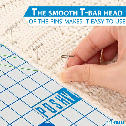 POSHVIBES 9 Extra Thick Blocking Mats for Knitting & Crochet Projects - Pack of 9 with 200 T-Pins, Reusable Storage Bag, 12.6x12.6x0.7 Inches - Gift for Knitting Lovers