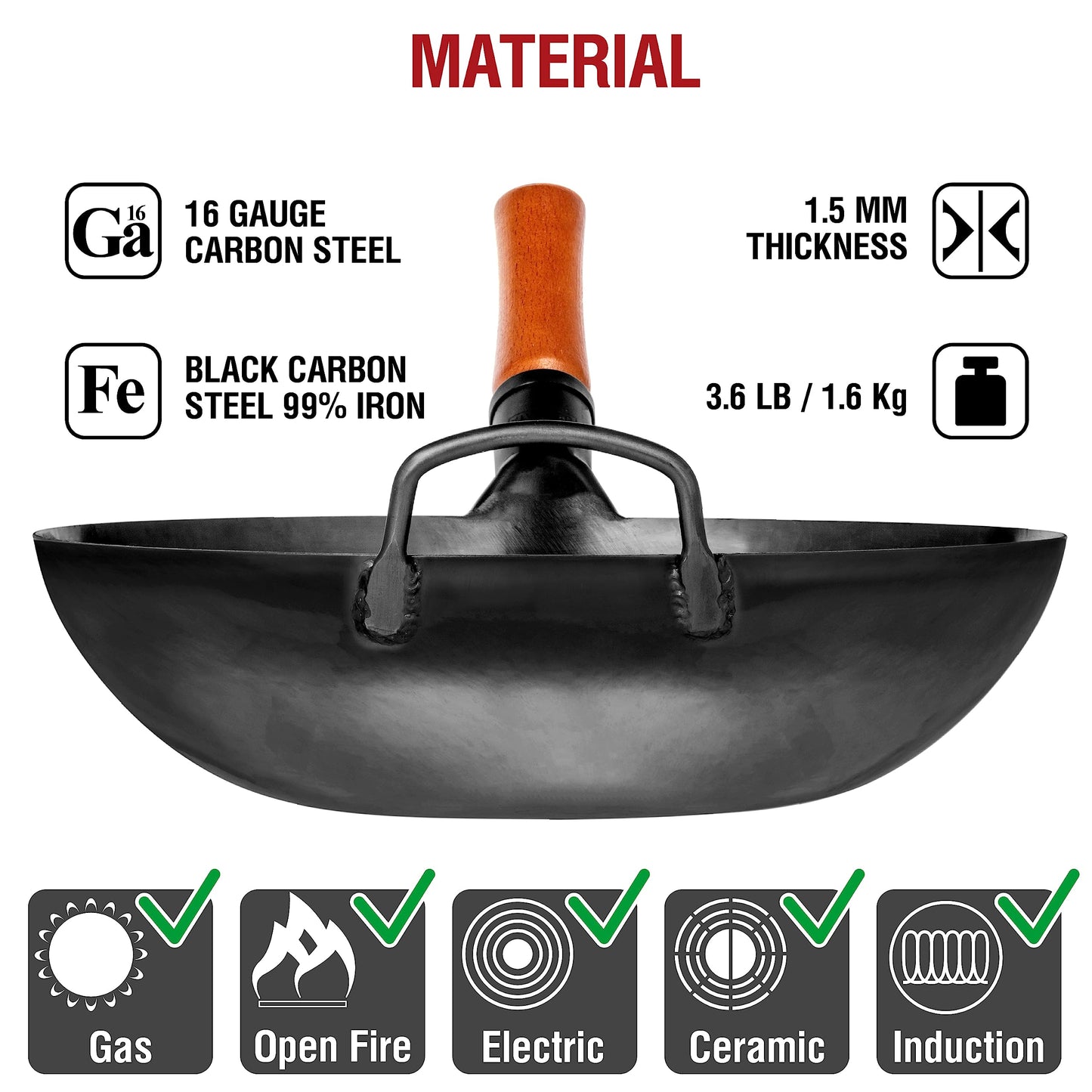 YOSUKATA 13.5" Carbon Steel Wok Pan + Premium Wok Cover 13.2" for Wok 13.5" + Stainless Steel Cutting Board 14.6x10 Inch