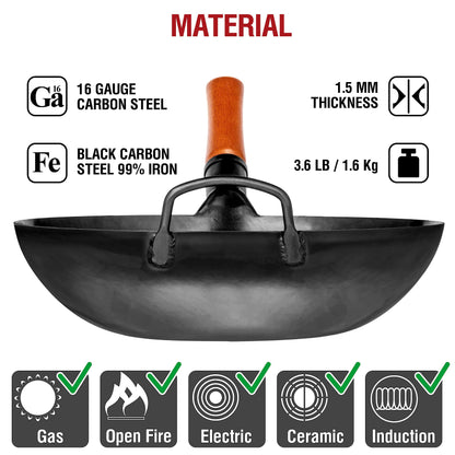 YOSUKATA 13.5" Carbon Steel Wok Pan + 17’’ Wok Spatula and Ladle + Stainless Steel Cutting Board 14.6x10 Inch