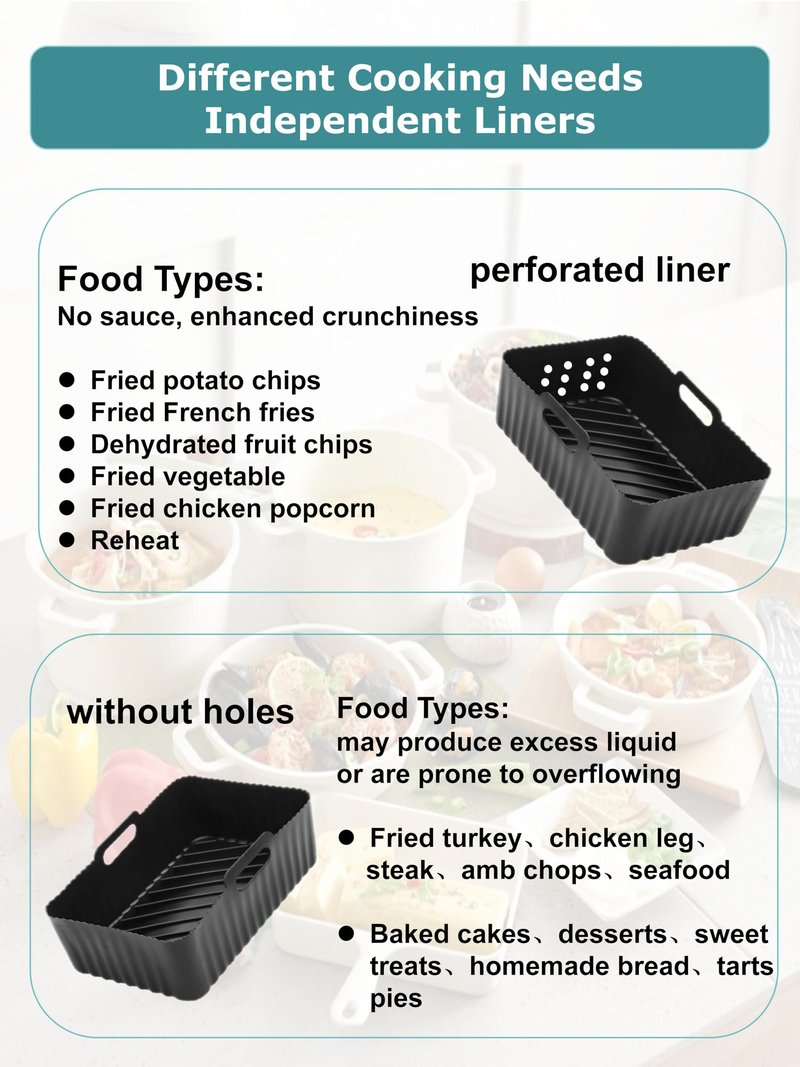 Szyeequoo Silicone Air Fryer Liners 2 Pack for Ninja Dual Zone, 1 Perforated and 1 Solid, Rectangle Reusable Liners for DZ201 DZ401 DZ550 DZ302, COSORI 9QT Instant Chefman Dual Basket Air Fryers