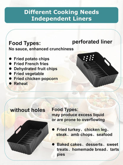 Szyeequoo Silicone Air Fryer Liners 2 Pack for Ninja Dual Zone, 1 Perforated and 1 Solid, Rectangle Reusable Liners for DZ201 DZ401 DZ550 DZ302, COSORI 9QT Instant Chefman Dual Basket Air Fryers