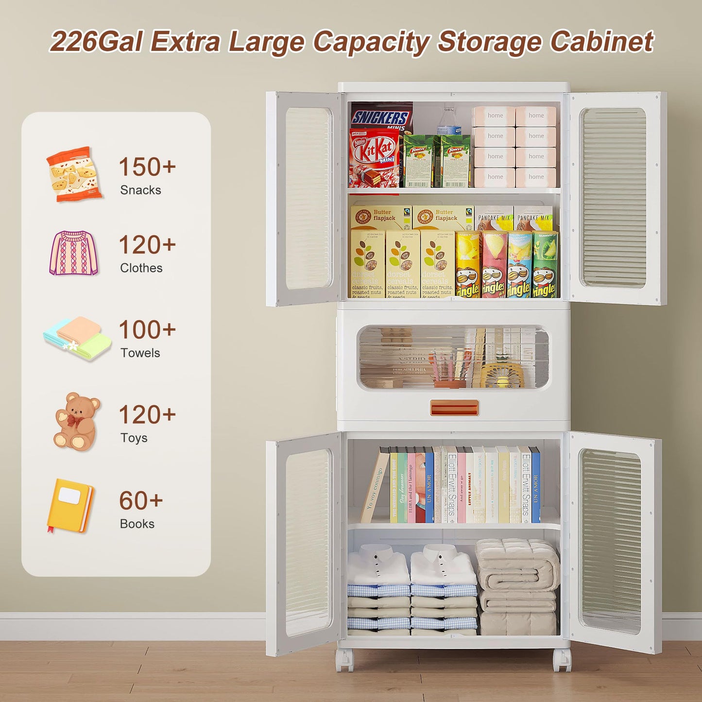 VECELO 226QT Stackable Storage Bins with Lids, Large Collapsible Storage Bins with Drawer and Movable Wheels, Adjustable Shelves, Anti-Tip, for Living Room, Bedroom, Kitchen, White