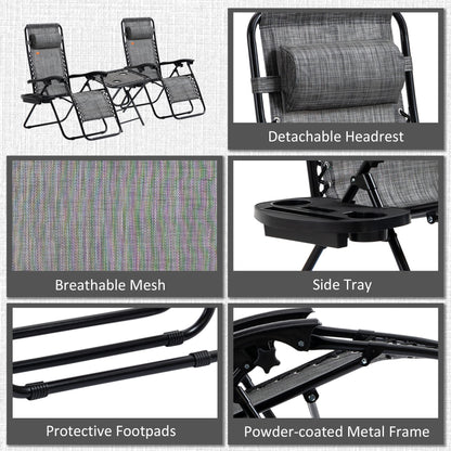 Outsunny Zero Gravity Chair Set with Side Table, Folding Reclining Chair with Cupholders & Pillows, Adjustable Lounge Chairs for Pool, Backyard, Lawn, Beach, Gray