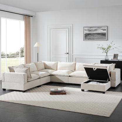 Merax Modern U-Shaped Modular Couch Set with Storage Ottoman, Chenille 7-Seat Sectional Sofa Sleeper Bed with Wide Seat for Living Room, Free Combination,Off White