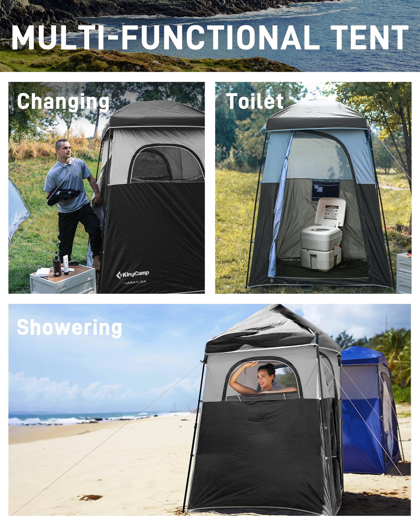 KingCamp Oversize Space Privacy Tent, Portable, Waterproof, Tall, 1 Room Black Camping Toilet Tent