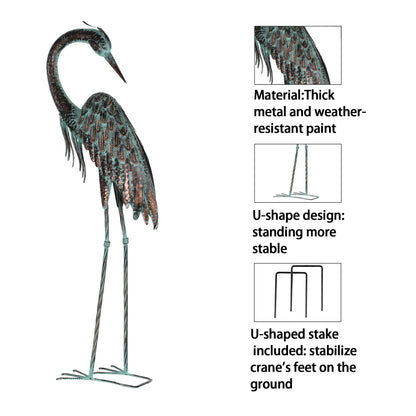 Kircust Garden Crane Statues, Standing Metal Patina Heron Decoy Outdoor Statue, 42-46 Inch Bird Yard Art for Patio Lawn Pond, Set of 2