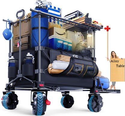 VIC 680lbs Super Cart & Table 1=5 Set, 480L Mega Capacity 54" Extra Long Extra high Folding Wagon, Heavy Duty Collapsible Carts with Brakes, All-Terrain Big Wheels for Camping, Store, Shopping