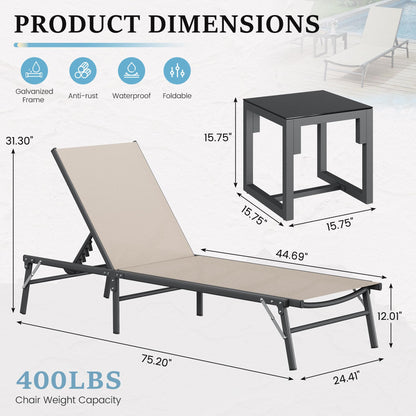 UDPATIO Foldable Patio Lounge Chair Sets with Side Table, No Assembly Outdoor Chaise Lounge with 5-Positions, Poolside Lounge Chairs with Portable Design for Pool, Beach, Deck, Backyard