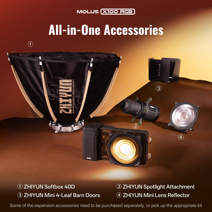 ZHIYUN MOLUS X100 RGB PRO 100W Continuous Output Lighting [Official] V2 Upgraded Version Portable Video Light Handheld Professional Photography Lighting CRI≥95 TLCI≥97 2500K~10000K Only 384g (Black)