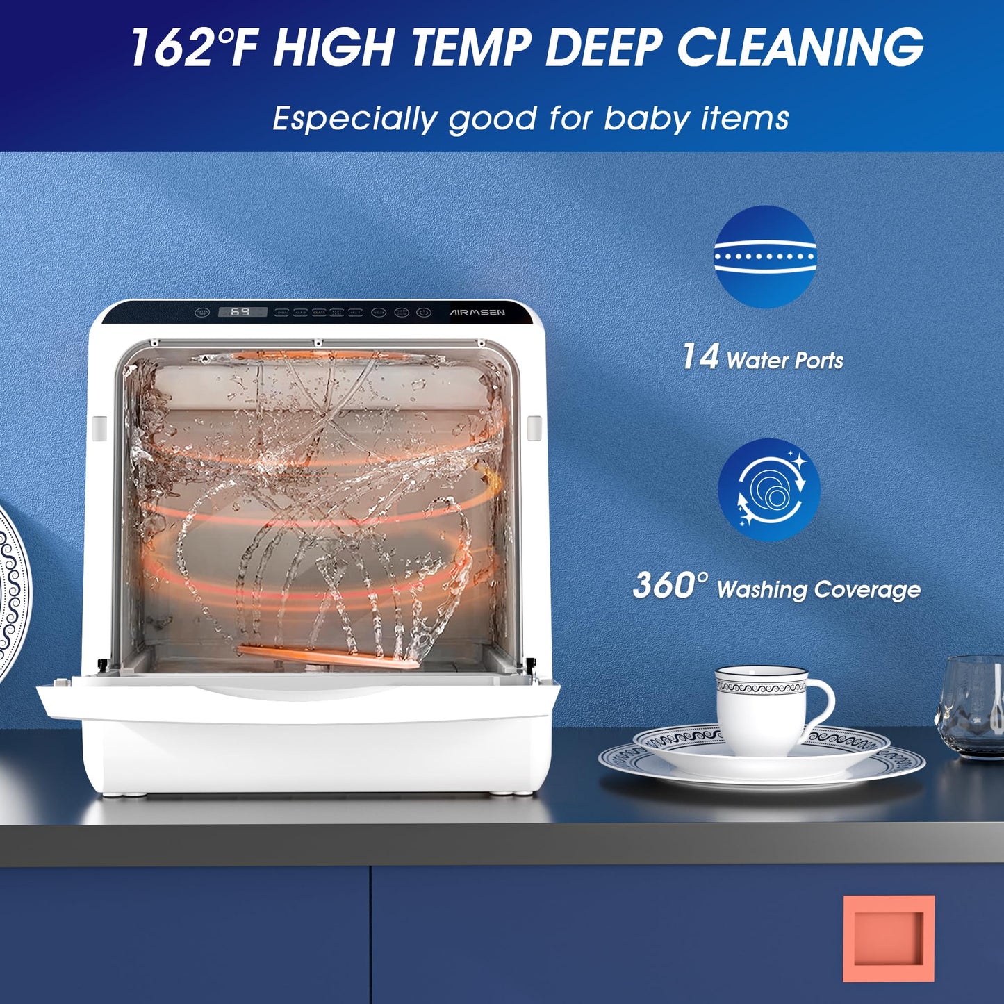 Portable Countertop Dishwashers, 5 Washing Programs Mini Dishwashers with 5 L Built-in Water Tank and Double-layered Glass Door, No Hookup Needed for Home, Apartments & RVs