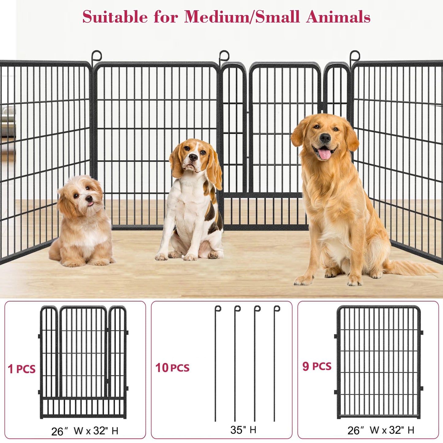 Jhsomdr Dog Playpen, 32inch 10 Panels Outdoor Dog Fence Indoor Dog Pen Anti-Rust Pet Puppy Pen Dog Exercise Pen with Lock for Medium Small Dogs, Portable Pet Fence for Yard RV Camping