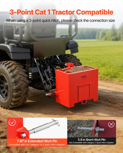 VEVOR Ballast Box, 3-Point Category 1 Tractor Ballast of 800 lbs Capacity, with Standard 2 Inch Hitch Receiver, Heavy-Duty Steel 3.2 ft³ Large Volume Durable Loader Attachment with Sliding Door, Red
