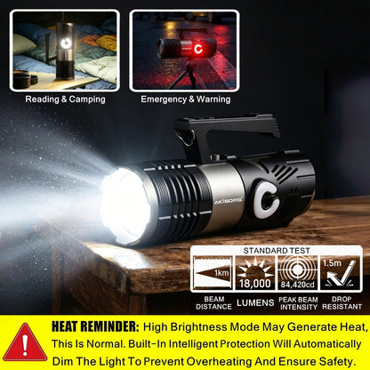 AKISONG Rechargeable XHP360 LED Spotlight Flashlight 18,000 High Lumens, 150W Ultra Bright Zoomable Searchlight with USB Output & Side Lamp, Waterproof Handheld Spotlight for Camping Hunting Emergency