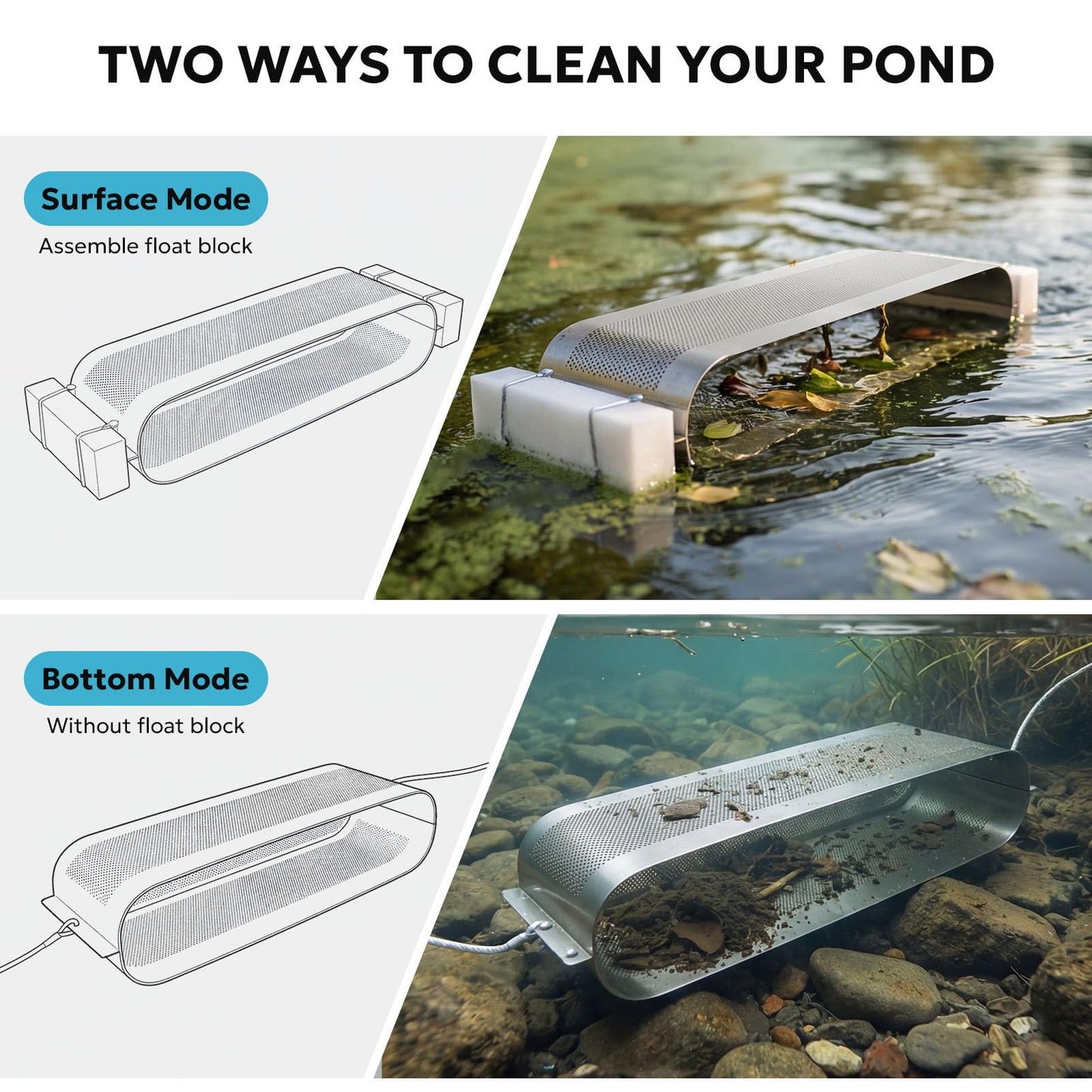 Godgetory Pond & Lake Skimmer Tool, Floating & Submerged Debris Remover, 40LB Heavy-Duty Stainless Steel Mesh, Wide-Mouth Collection, Shore or Boat Operated Drag System with Ropes