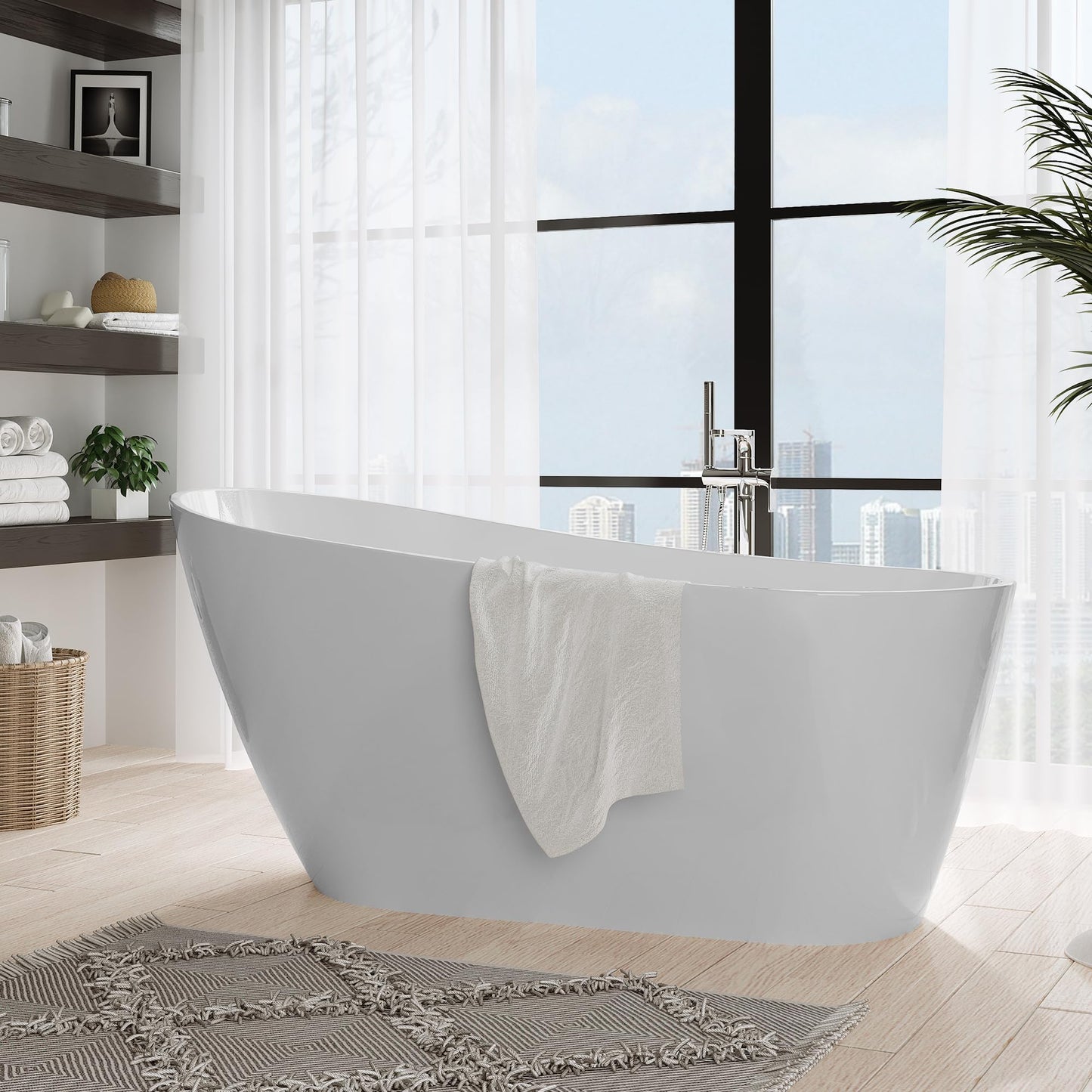 GarveeHome 67'' Acrylic Freestanding Bathtub, Deep Soaking Tub, Non-Slip Upright Bathtub for Adults, cUPC Certified Bath, Chrome Drain, Modern, Bathroom, Scratch Resistant White Tub