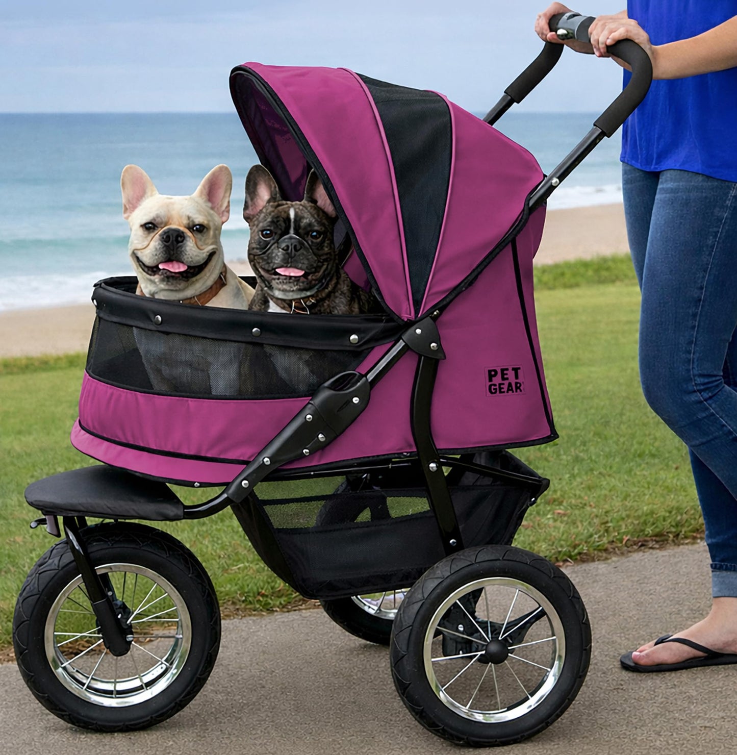 Pet Gear NO-Zip Double Pet Stroller, Zipperless Entry, for Single or Multiple Dogs/Cats, Plush Pad + Weather Cover Included, Large Gel-Filled Tires, Dark Raspberry