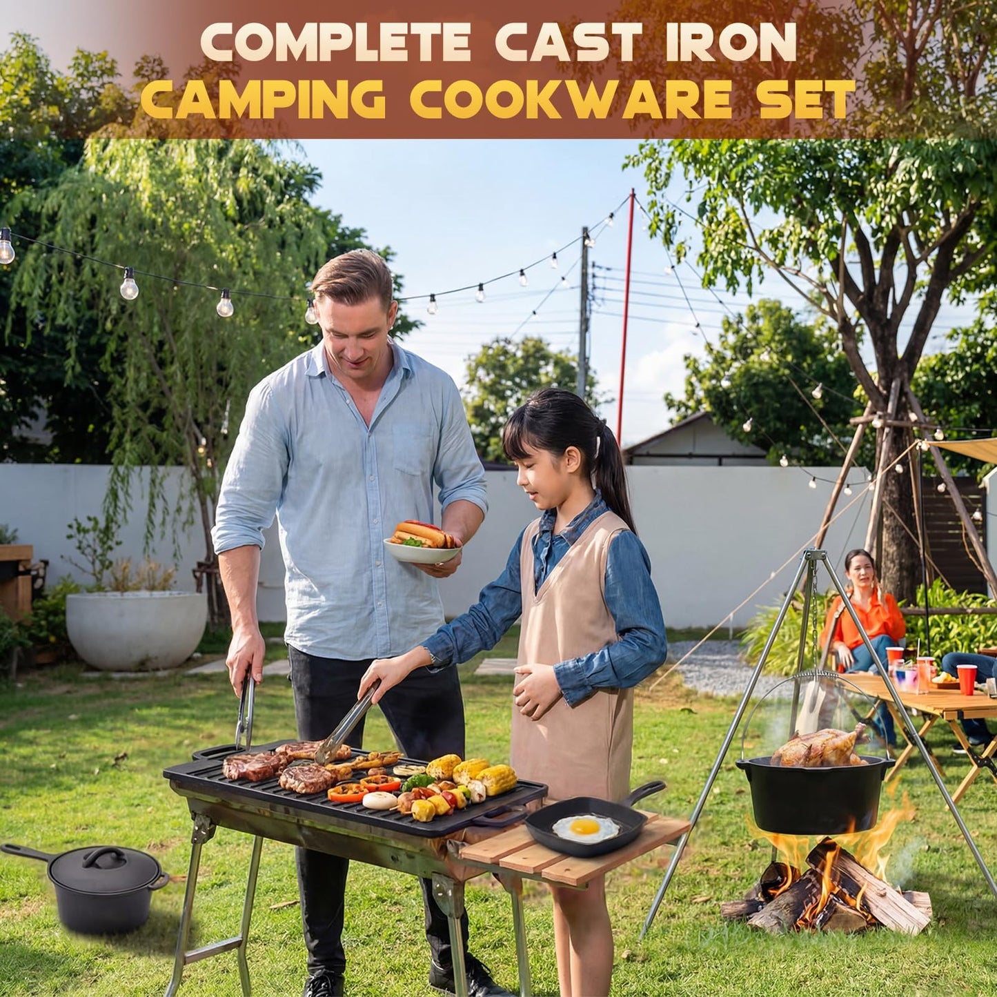 Geetery 15 Pcs Pre-seasoned Cast Iron Cookware Set, Dutch Oven Camping Accessories Kit with Skillet, Pan, Pot, Gloves, Lid Lifter, Storage Bag, Scrubber for Kitchen Ourdoor Campfire Grill BBQ Cookware