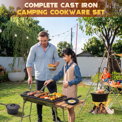 Geetery 15 Pcs Pre-seasoned Cast Iron Cookware Set, Dutch Oven Camping Accessories Kit with Skillet, Pan, Pot, Gloves, Lid Lifter, Storage Bag, Scrubber for Kitchen Ourdoor Campfire Grill BBQ Cookware