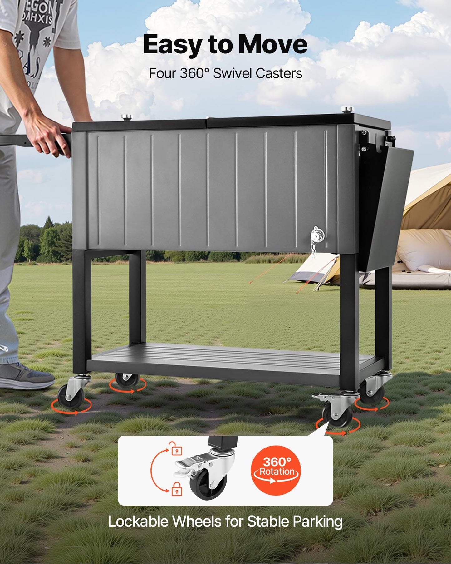 VEVOR 80QT Rolling Ice Chest, Holds up to 50 Bottles / 110 Cans, Portable Patio Party Bar Drink Cooler Cart with Bottom Shelf & Foldable Side Shelves, Beverage Pool with Swivel Wheels & Bottle Opener