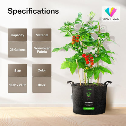 VIVOSUN 25 Gallon Grow Bags - Reinforced Fabric Planter Pots for Gardening | 10-Pack, Black