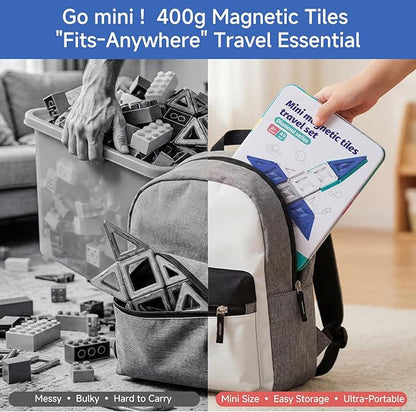Magnetic Tiles Travel Set 40 PCS Morandi Building Block with Tin Box- 90Mins Quiet Play 45s Cleanup - Airplane Car Trip Activity Toy for Boys Age 3 4 5 6