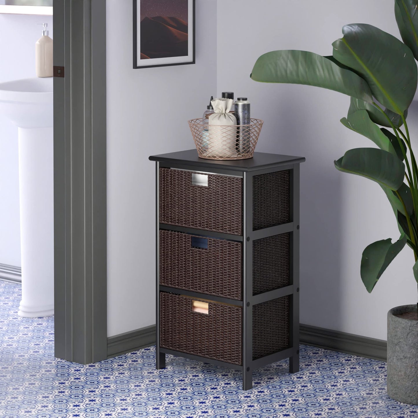 Winsome Omaha Home Storage Rack with 3 Baskets, Stackable Storage Bins for Home Organizing, Functional Furniture for Bedroom, Living Room, Office, Entryway