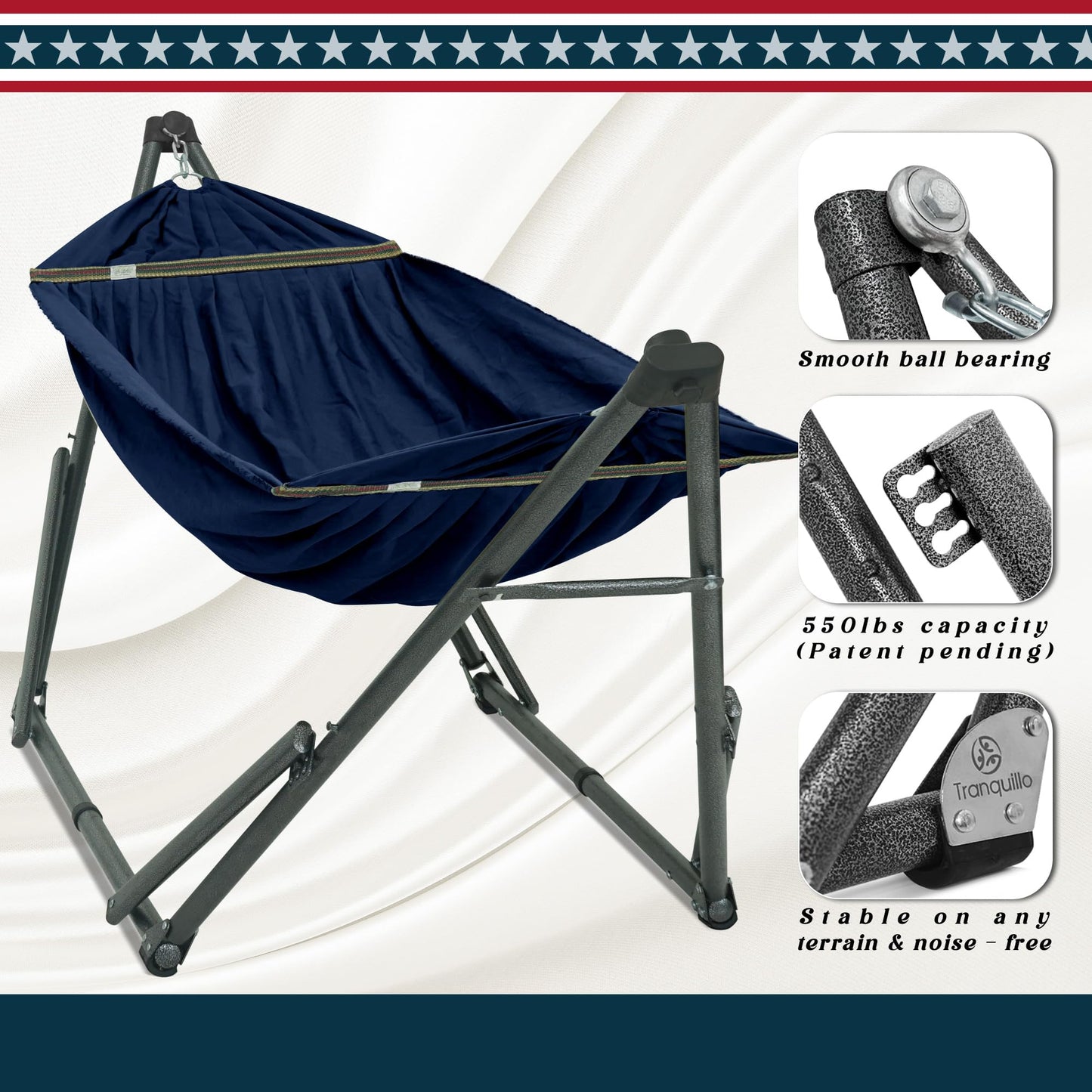 Tranquillo Uniki Hammock with Stand, 550 lbs Capacity – 30-Second Setup, Sturdy Steel Stand, 3-Year Warranty, Tool-Free Assembly, Premium Carry Bag Included, Outdoor & Indoor Hammock, Navy