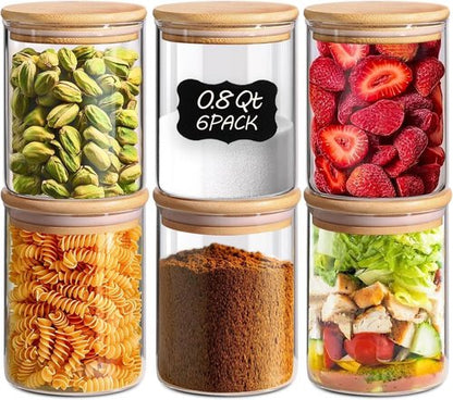 ComSaf Glass Food Storage Jars Set of 6 - Clear Containers with Lids for Pantry Organization & Spices