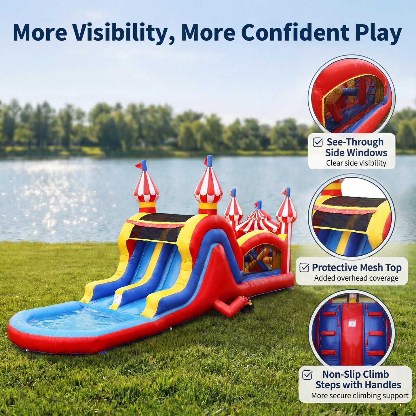 WONDER DOME 28FT Carnival Obstacle Course Water Slide, Wet/Dry Inflatable Bounce House with Climbing Wall, Obstacles & Dual Slides, Commercial-Grade PVC, Blower Included
