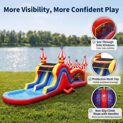 WONDER DOME 28FT Carnival Obstacle Course Water Slide, Wet/Dry Inflatable Bounce House with Climbing Wall, Obstacles & Dual Slides, Commercial-Grade PVC, Blower Included