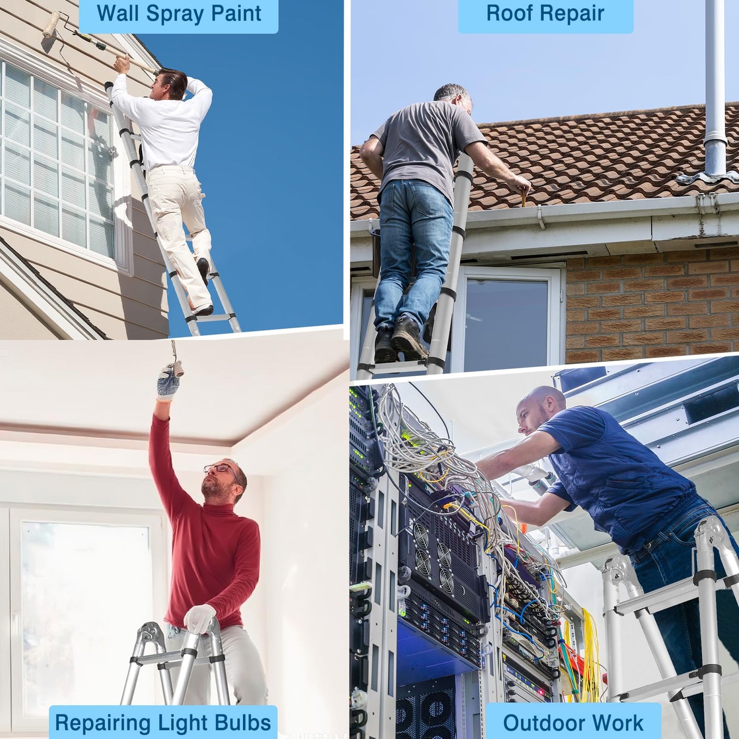 Wolec 16.5 FT A Frame Telescoping Ladder, Adjustable Multi-Purpose Collapsible Extension w/Balance Bar & Wheels, Heavy Duty 330 lbs Max Capacity, Ideal for Home and Outdoor Work, Silver