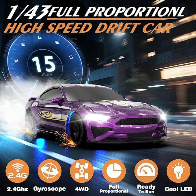 RC Drift Car 1/43 Scale Mini RC Drift Cars with Gyro 4WD Full Proporitonal High Speed Remote Control Car with LED Lights and Drifting Tire Hobby Racing Cars for Kids Boys Girls Purple