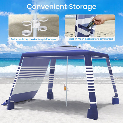 MoKo Beach Cabana, 8'×8' Large Beach Canopy with Side Wall, UPF 50+ Protection Easy Setup Beach Tent Sun Shelter, Adjustable Height Wind Resistant Cabana Beach Tent for Whole Family, Navy Stripes