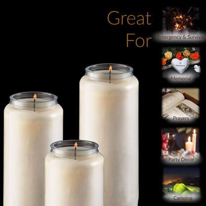 Tribello 9 Day Candles, 3 Pack - 7' White Pillar Candles for Memorial, Prayer, Party Decor, and Emergency Use - Unscented, Slow Burning 100% Vegetable Wax in Plastic Jar
