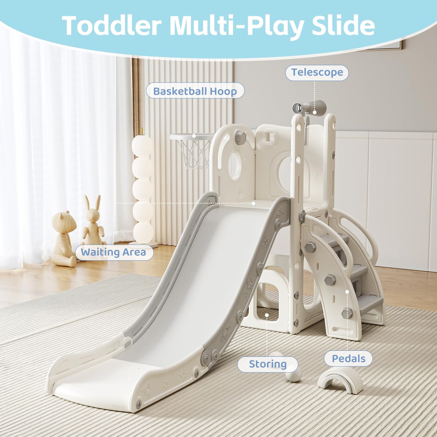 CuFun 6 in 1 Toddler Slide, Indoor Outdoor Playground for Kids 1-3, Baby Slide with Basketball Hoop, Storage, Climber and Telescope,Gray White