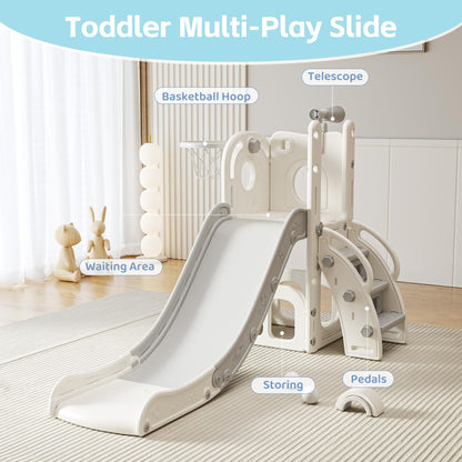 CuFun 6 in 1 Toddler Slide, Indoor Outdoor Playground for Kids 1-3, Baby Slide with Basketball Hoop, Storage, Climber and Telescope,Gray White