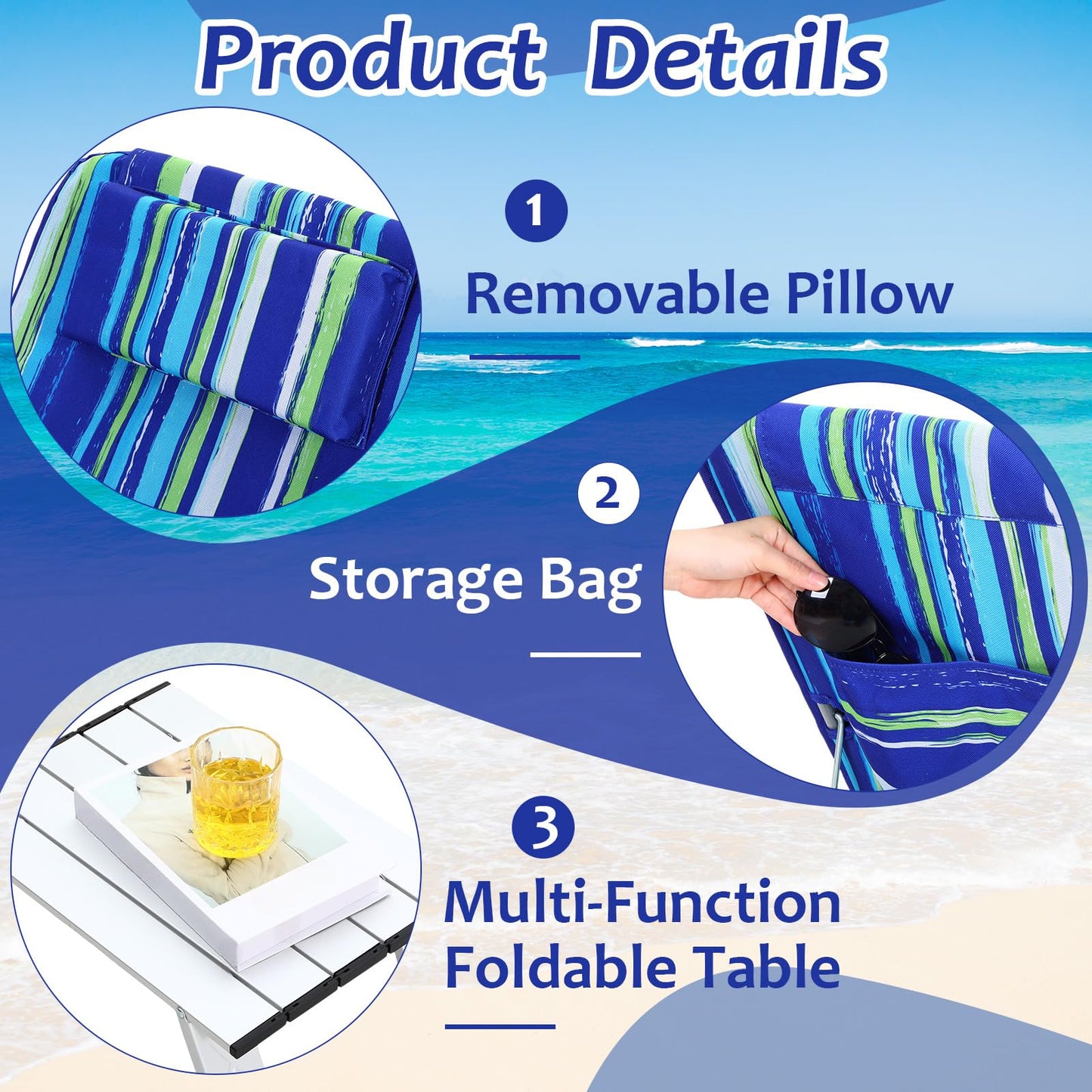 Beeveer 4 Pcs Beach Lounge Chair for Adult with 2 Pack Folding Tables Portable Adjustable Lightweight Reclining Lounge Beach Chair for Lawn Patio Sunbathing Tanning Picnic BBQ Camping