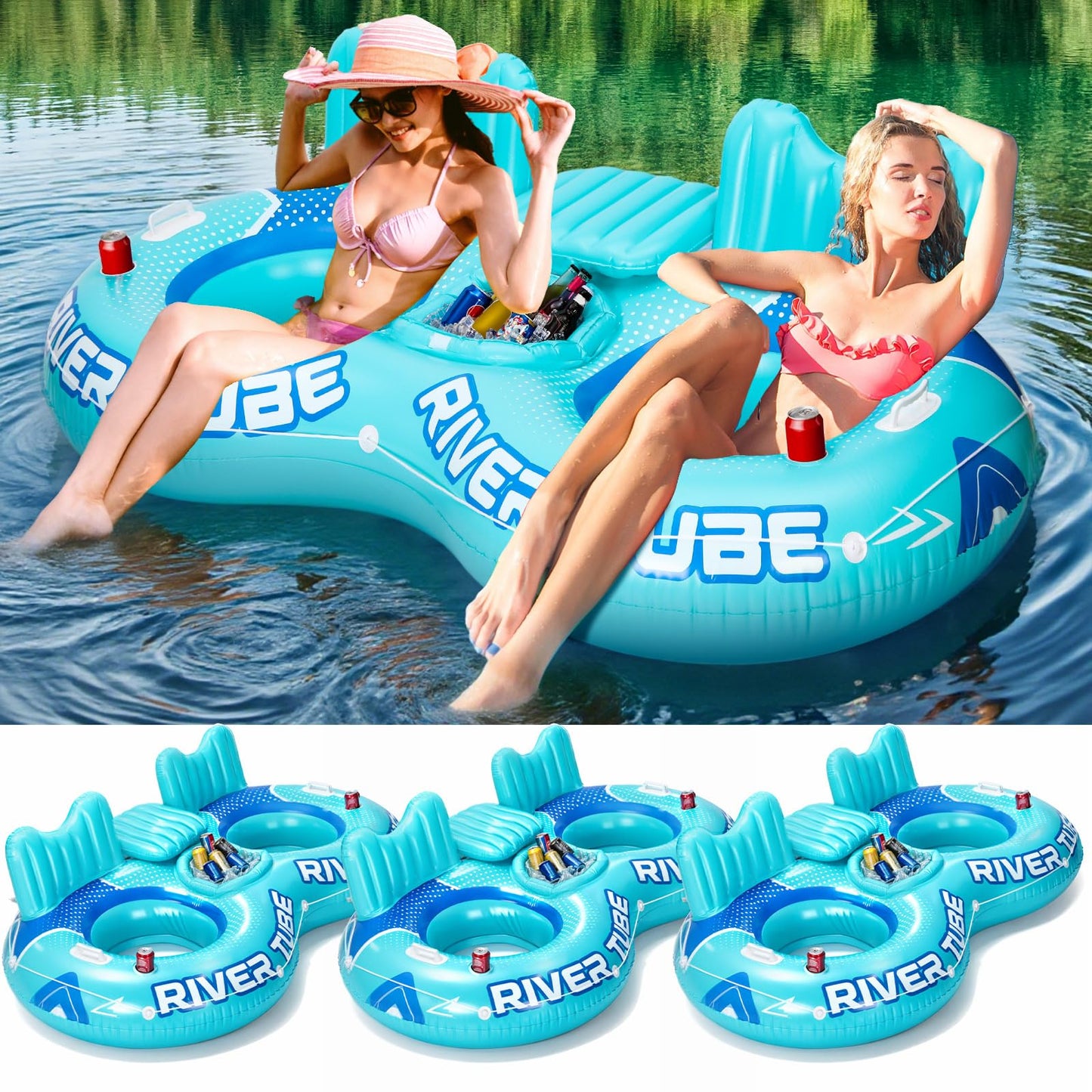 Glimin 3 Pcs Inflatable River Tube Float, 2 Person Heavy Duty Pool Float with Built in Cooler, Ergonomic Backrest and Cup Holders for Adults, Lake Water Tubes for Floating Summer Relaxation