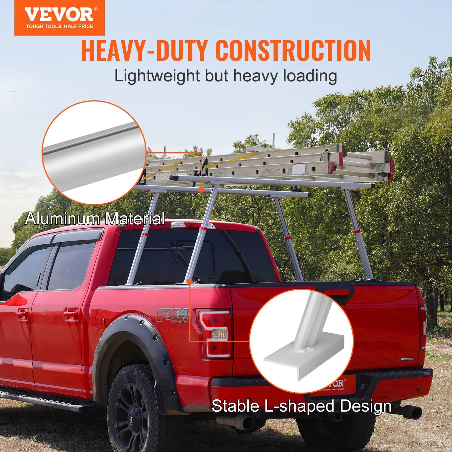 VEVOR Truck Rack with 8 Non-Drilling C-Clamps, 19-34in Adjustable Height Aluminum Ladder Rack for Truck, 800 lbs Capacity Heavy Duty Truck Bed Rack Two-Bar Set for Kayak, Surfboard, Lumber, Ladder