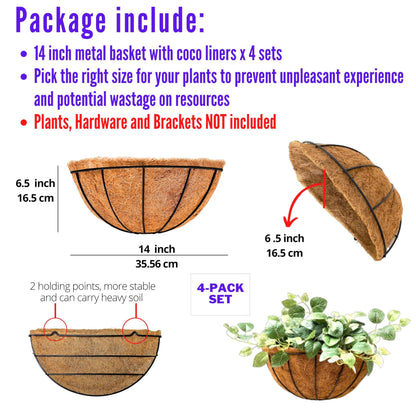LaLaGreen Wall Planter Outdoor, 4 Pack, 14 Inch Large Wall Hanging Flower Basket with Coco Liner, Vertical Living Wall Mounted Wire Pot Outside Fence Railing Plant Pots Holder Deck Porch Balcony Patio