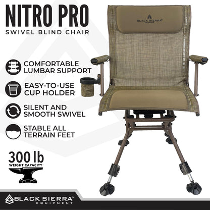 Black Sierra XL Swivel Hunting Chair 360 Silent Blind Seat Heavy Duty Support 300 lbs w/Padded Armrests, All Terrain Feet Cupholder and Carry Strap, Portable Outdoor Seat for Turkey and Deer Hunting