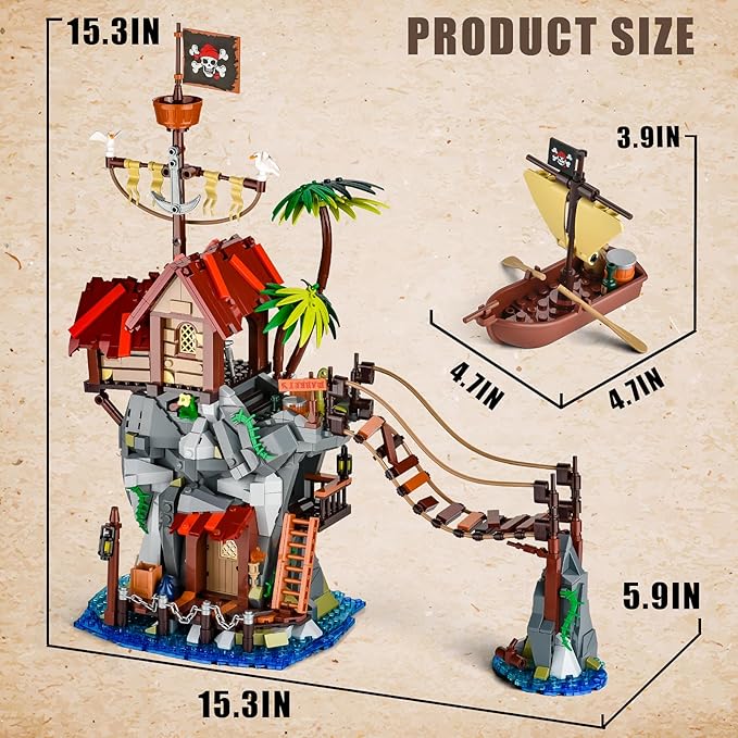 Pirate Cabin Building Sets for AdultsPirate's House with Bridge and Ship in IslandMedieval Castle Skull Building Block Toy for Home DecorIdeal Gift for Men Teens Kids Boys 8+(1044PCS)