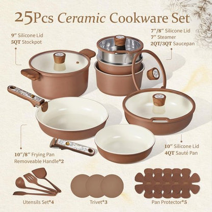 CAROTE 25-Piece Ceramic Cookware Set, Nonstick Pots and Pans Set with Detachable Handle, Non-Toxic Kitchen Cooking Set, Dishwasher & Oven Safe, Induction Compatible, PFAS Free, Chocolate
