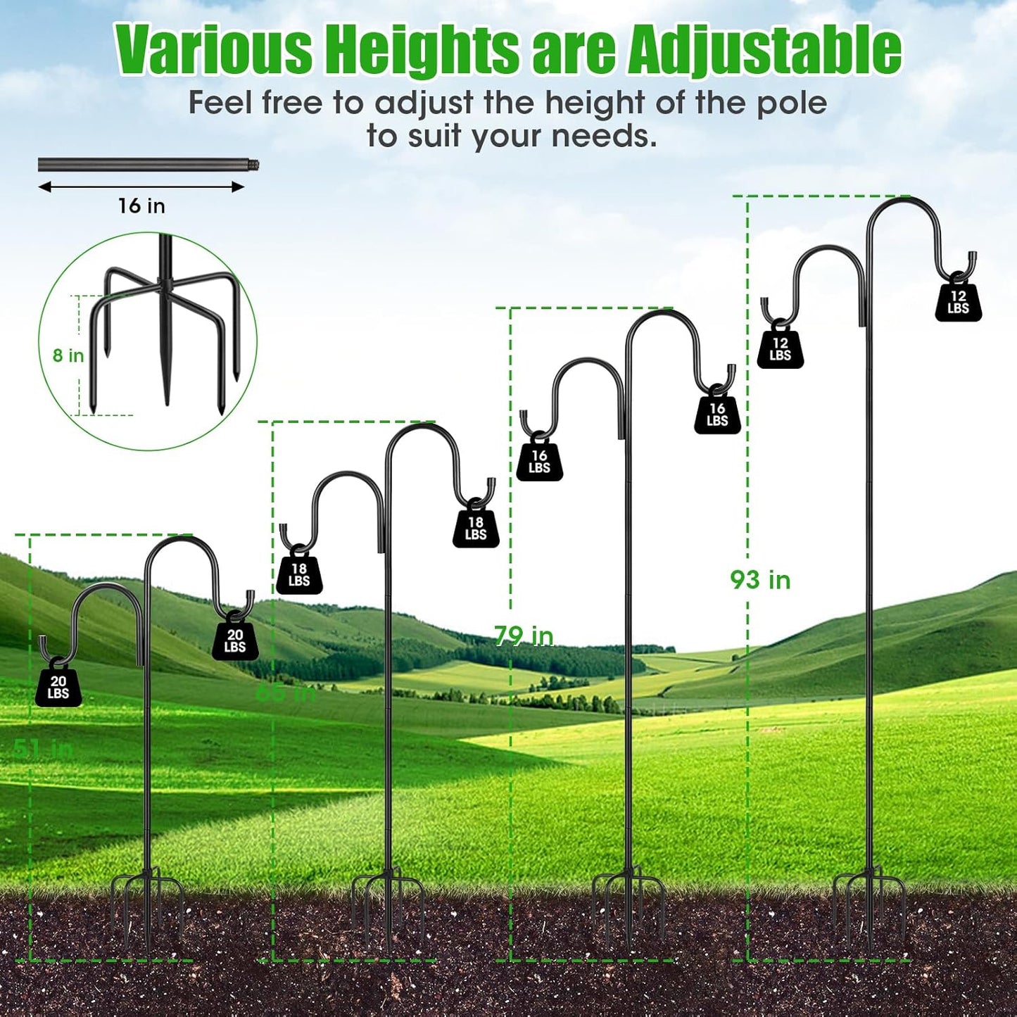 Skiennix 79-Inch Double Shepherds Hooks - Heavy Duty Bird Feeder Pole with 5-Prong Base for Outdoor Use
