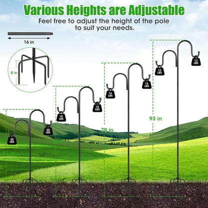 Skiennix 79-Inch Double Shepherds Hooks - Heavy Duty Bird Feeder Pole with 5-Prong Base for Outdoor Use