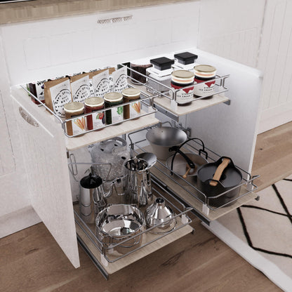 2 Tier Pull Out Cabinet Organizer 20" W X 22" D, Slide Out Drawers For Kitchen Cabinets, Pull Out Drawers For Cabinets Capacity Heavy Duty Caddy, Cabinet Pullout Shelves Wood Chrome, Pantry Storage