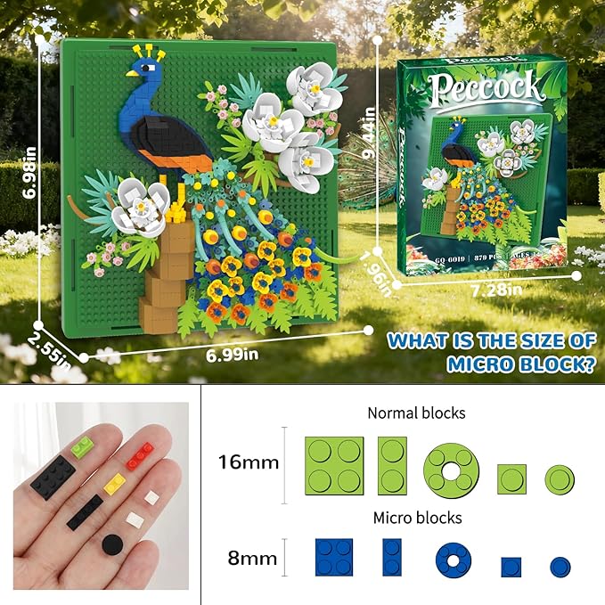 Flowers Peacock Animal 3D Wall Art Micro Mini Building Blocks Set Unique Home Wall Decor or Table Display Ideal Gift Toy for Adults &amp Boys Girls 14+ (879 PCS)