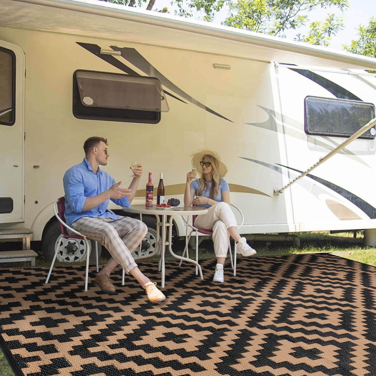 Outdoor Rugs Patio Camping Waterproof - 9x18 Plastic Straw Patio Rug Portable for Campers, Outside RVs Mat, Outdoor Area Carpet for Patios Clearance, Backyard Porch, Balcony, Picnic, Black Brown