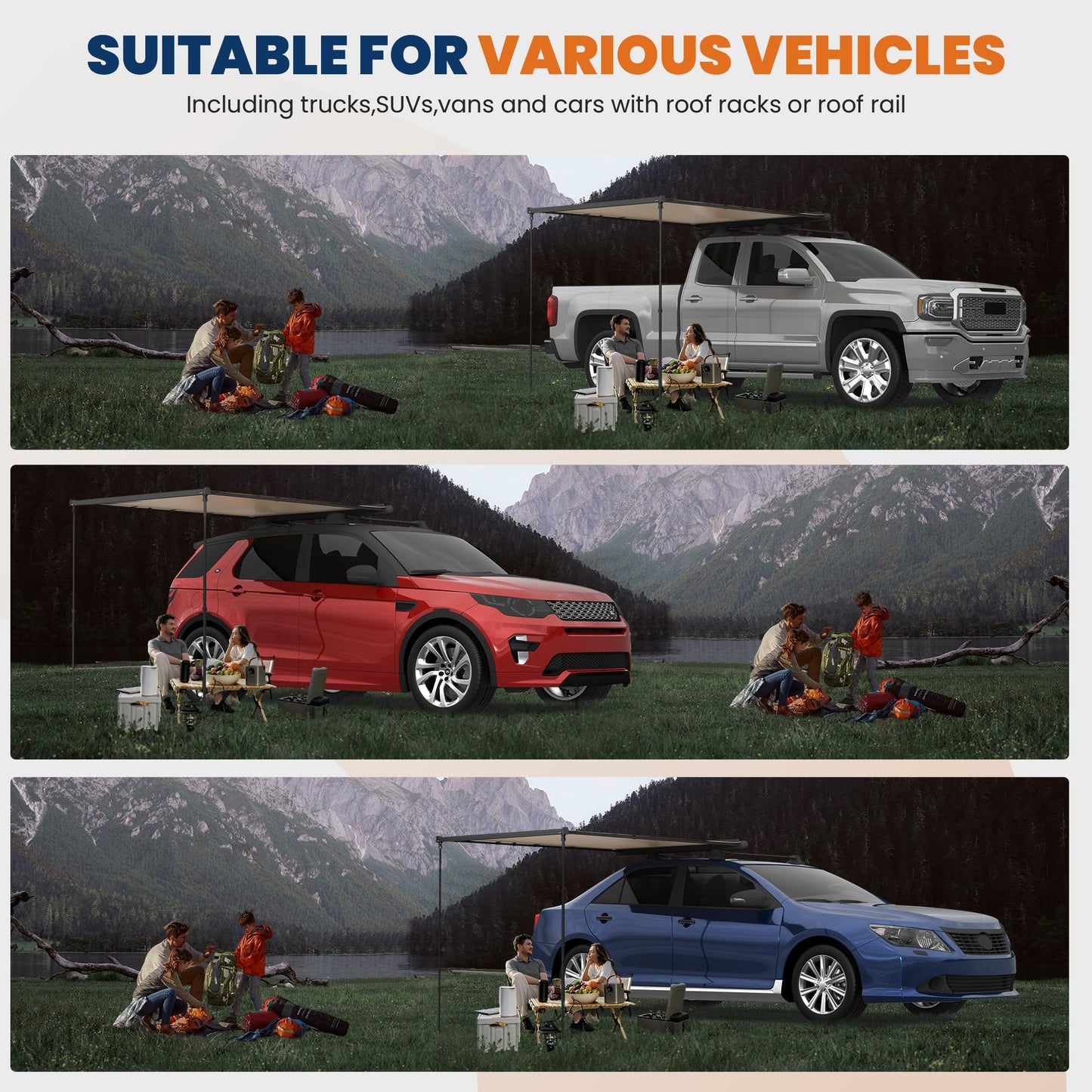 KUIPERAUTO Vehicle Awning Car 6.6'x9.8' Pull-Out Roof Rack Side, Sunshade UV50+ Waterproof PU5000mm Aluminum Shell for Camping, Height Adjustable Shadow Shelter Fit for SUV Trucks, Beige